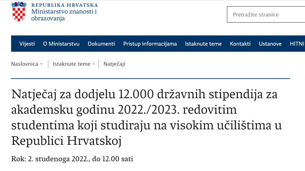 Natječaj za dodjelu 12.000 državnih stipendija za akademsku godinu 2022./2023.